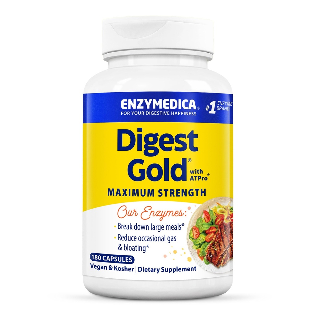 Enzymedica Digest Gold + ATPro, Maximum Strength Enzyme Formel, förhindrar uppblåsthet och gas, 14 Key Enzymes Inklusive Amylase, Protease, Lipase och Lactase, 180 kapslar