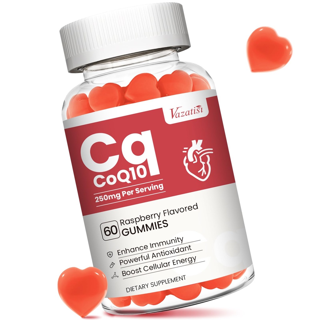 Hög Absorption CoQ10 Gummies 250 mg, Plus Omega-3, vitamin B3 för cellulär energi, hjärna och antioxidant, 5X bättre Absorption Coenzyme Q10 Supplement, Raspberry smaksatt - 60 Cts