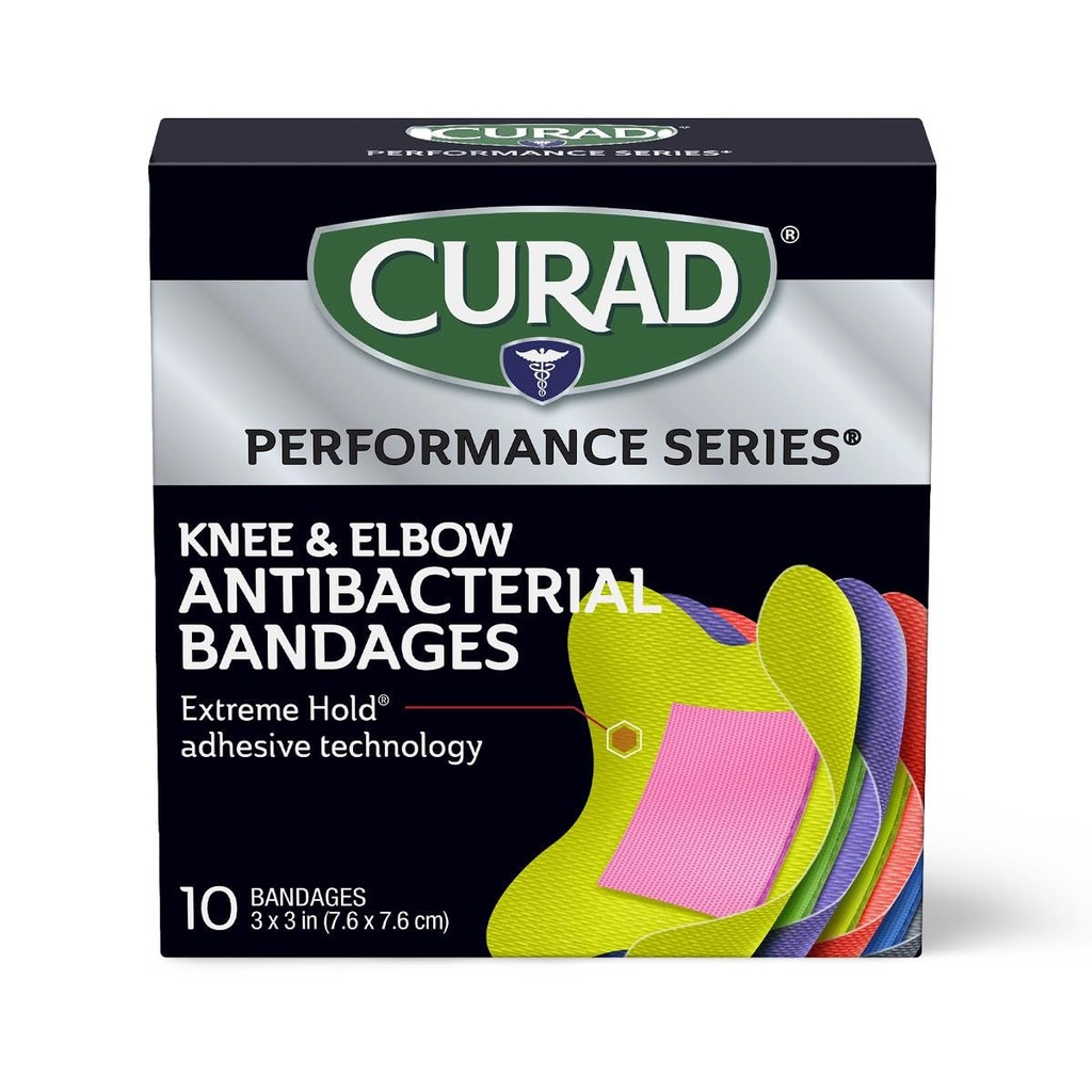 CURAD Performance Series IRONMAN Antibacterial Bandages, Extreme Hold Adhesive Technology, Knee & Elbow 3 tum x 3 tum, 10 greve, idealisk för skär, skrapor, sport och aktiva livsstilar