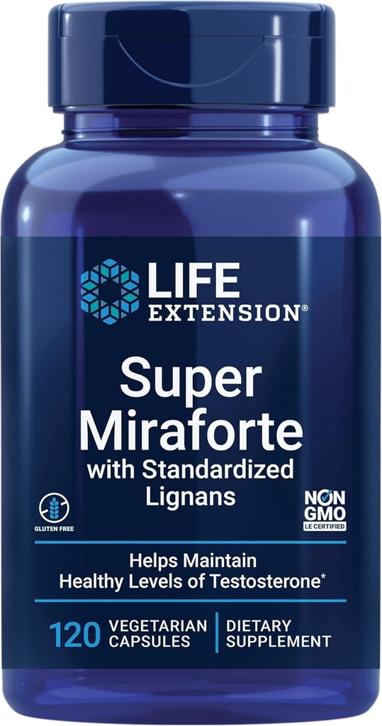 Life Extension Super Miraforte med standardiserade Lignans, chrysin, Nettle Root, Muira puama, maca, zink, Fokuserad formel för testosteronfördelar, vegetariska, glutenfri, icke-GMO, 120 kapslar