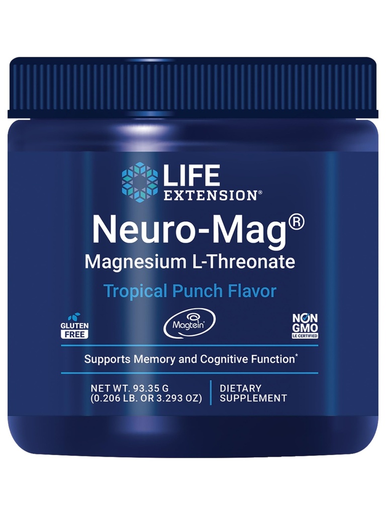 Life Extension Neuro-Mag Magnesium L-Threonate Powder (Tropical Punch) - Ultra-Absorbable Magnesium - Stöder minne, fokus, kognitiv funktion och humör - Glutenfri, icke-GMO, Vegetarian (30 portioner)