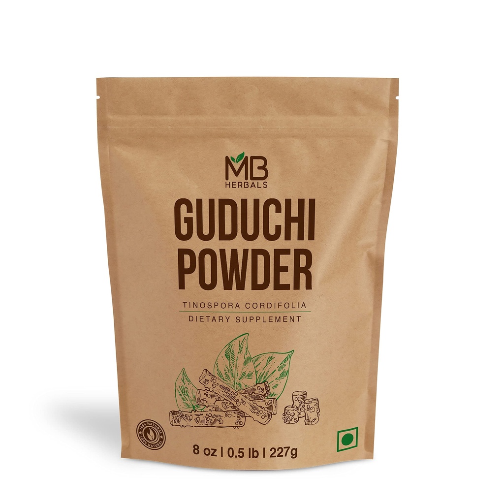 MB Herbals Guduchi Powder 8 oz / 0,5 LB (227 Gram) | Wildcrafted Guduchi Powder | Neem-Giloy | Bearbetad från The Stems of Tinospora Cordifolia Plants Grown on Neem Trees