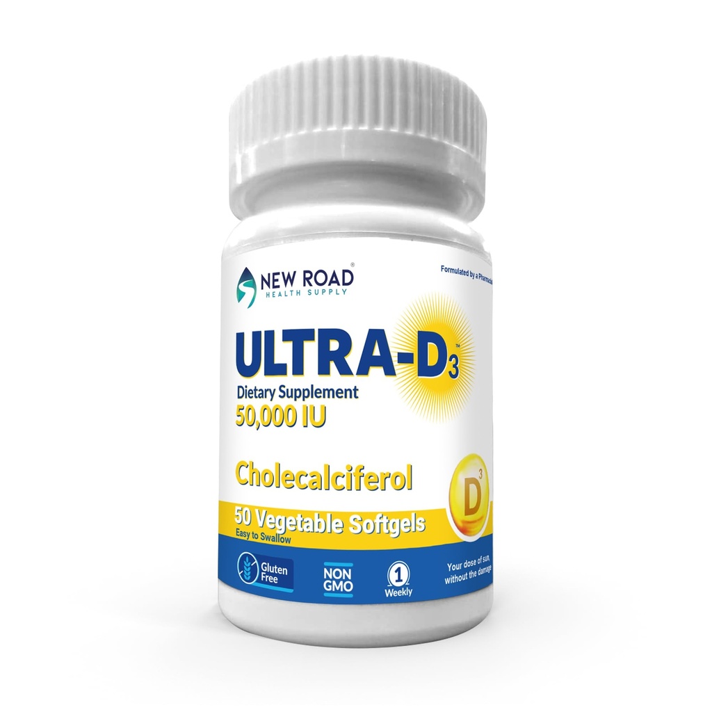 New Road Health Supply, High-Potency Vitamin D3 50.000 IE, Once-Weekly Softgel, stöder ben, tänder och immun hälsa, lätt att svälja, glutenfri, 50 greve
