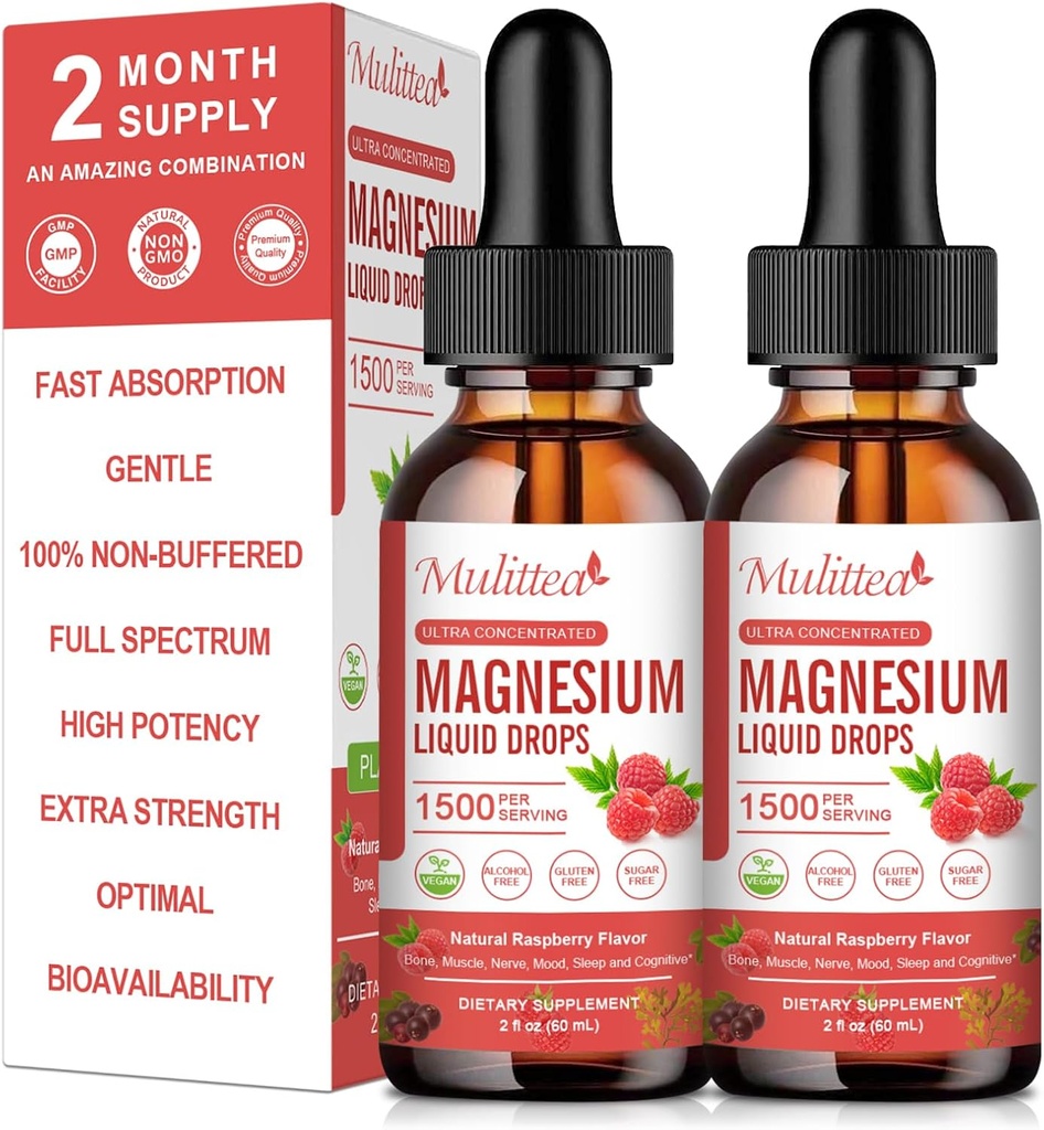(2 Pack) Magnesium Glycinate Liquid Drops w/1500mg Magnesium Glycinate, Taurate, Malate, Citrate, Calcium Plus Potassium för Nerve, Bone, Heart Health & Energy Zzz - Hög Absorption-Raspberry Flavor
