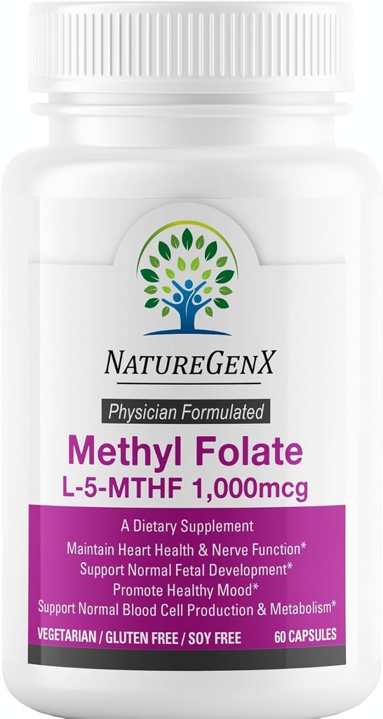 Methylfolate MTHRF Supplement - 1000 mcg Bioactive Vitamin B9 (5-MTHF) - Stöder graviditet & Fetal Health - 60 kapslar - Glutenfri
