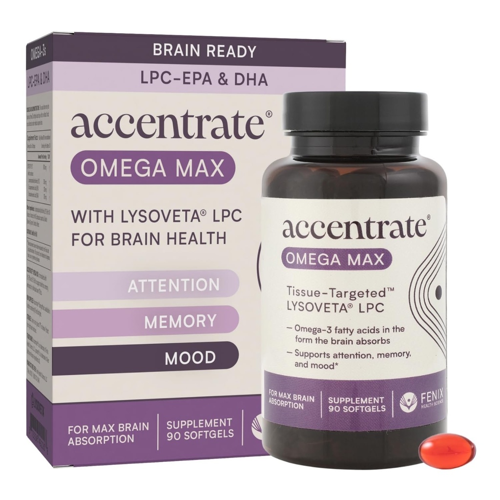 Omega Max w/LYSOVETA LPC | EPA & DHA Supplements for Brain & Retina Health | Fokus, uppmärksamhet, minne, humör och vision | 6X Högre Absorption än fiskolja | Hög Potens Omega-3 LPC-DHA
