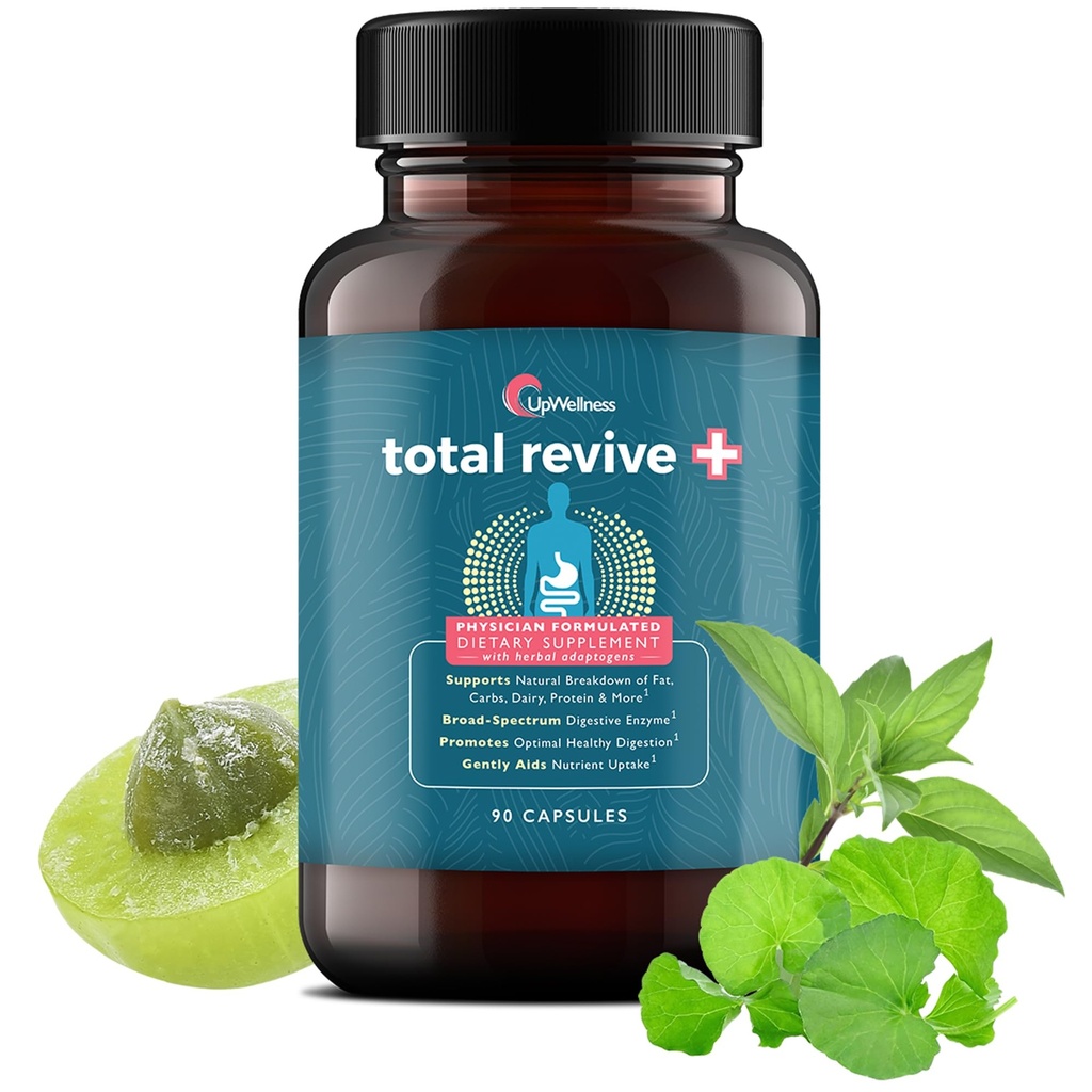 UpWellness Total Revive + Digestive Enzymes - Broad-Spectrum Enzymes for Digestive Health - Stöder Gut Health och Nutrient Absorption - Läkare formulerad - 90 kapslar