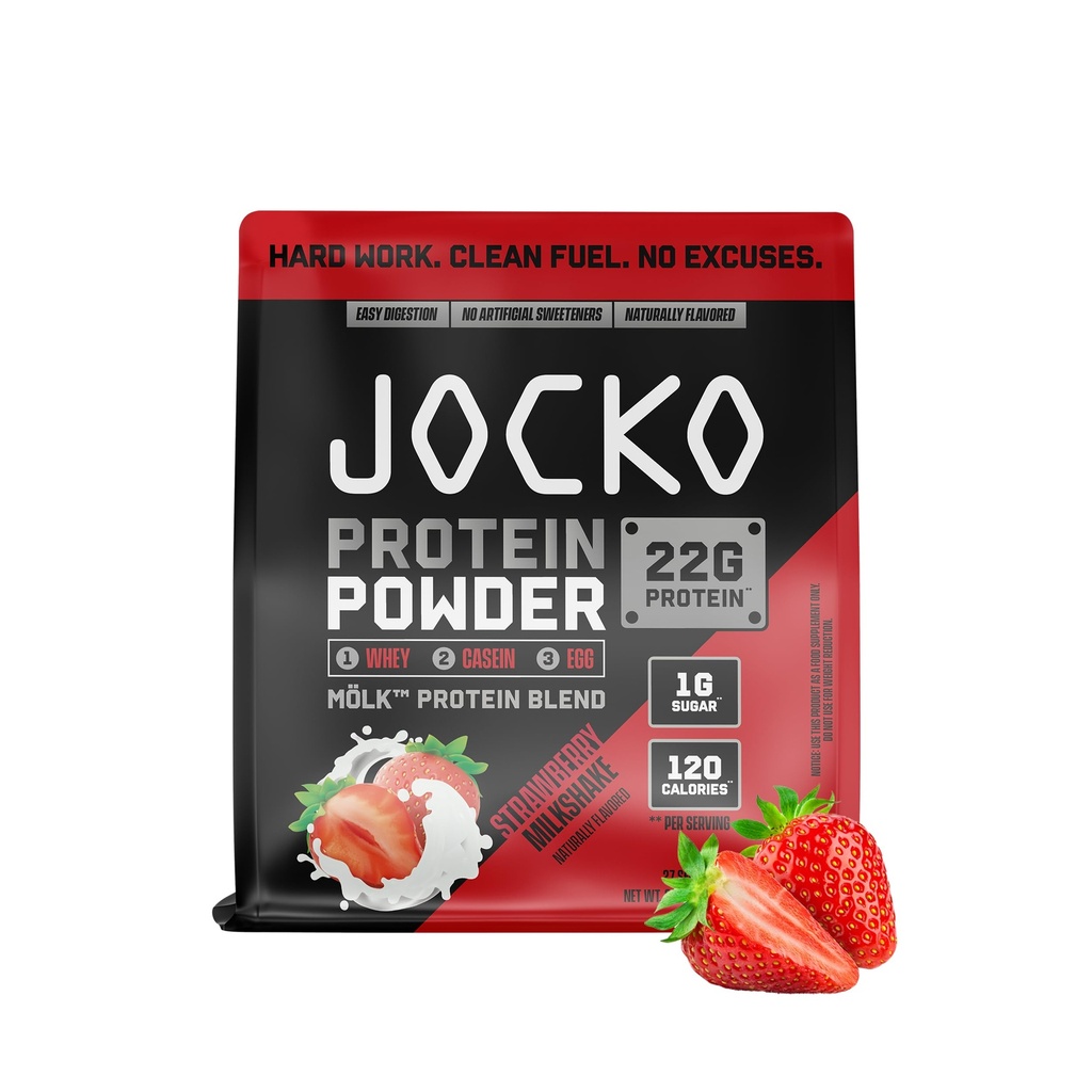 Jocko Fuel Mölk Whey Protein Powder 22g Låg sockermonk Fruit Blend - Muscle Recovery & Growth, Förpackning maj Vary (27 portioner, jordgubbsskaka)