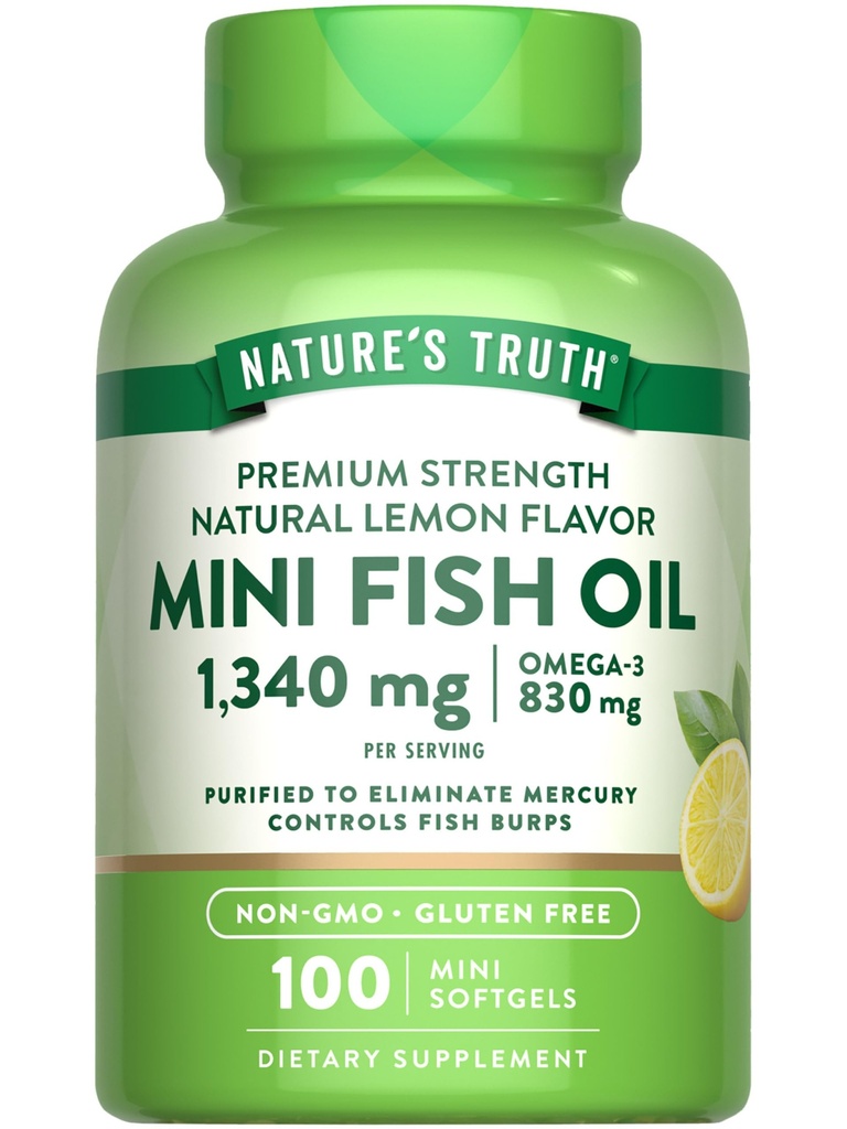 Nature's Truth Mini Fish Oil Omega 3 | 1340 mg | 100 Softgels | Burpless Lemon Flavor | Non-GMO & Gluten Free Supplement
