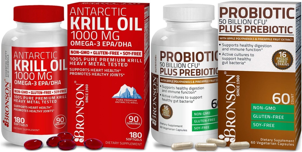Bronson Probiotic 50 miljarder CFU + Prebiotic med Apple Polyphenols & Pineapple Fruit Extrac Antarctic Krill Oil 1000 mg med Omega-3s EPA DHA