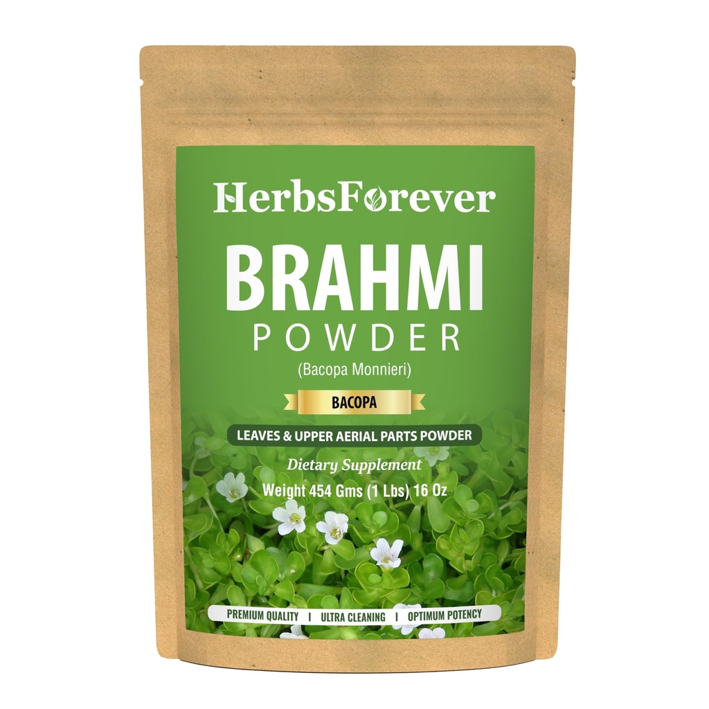 HerbsForever Brahmi Powder I 100% Pure Bacopa Monnieri I Natural Herbal Supplement - Icke-GMO, Vegan, Gluten-Free Jag Stöder Wellness - Premium kvalitet 454 GMS