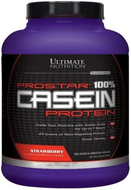Ultimate Nutrition Prostar Micellar och Hydrolyzed Casein Protein Powder - Fett Gratis Övernattning Muskeltillväxt och Återhämtning med BCAA, 5 pund, Strawberry