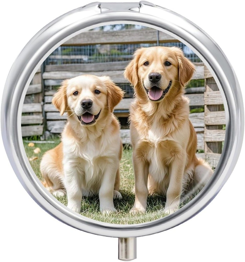 Round Pill Case 3 Compartment Golden Retriever Dogs Puppies Pets Pill Box Mini Medicine Pill Organizer Portable Travel Pillbox för Pocket Purse Metal Pill Container för vitaminer Fish Oil Supplements