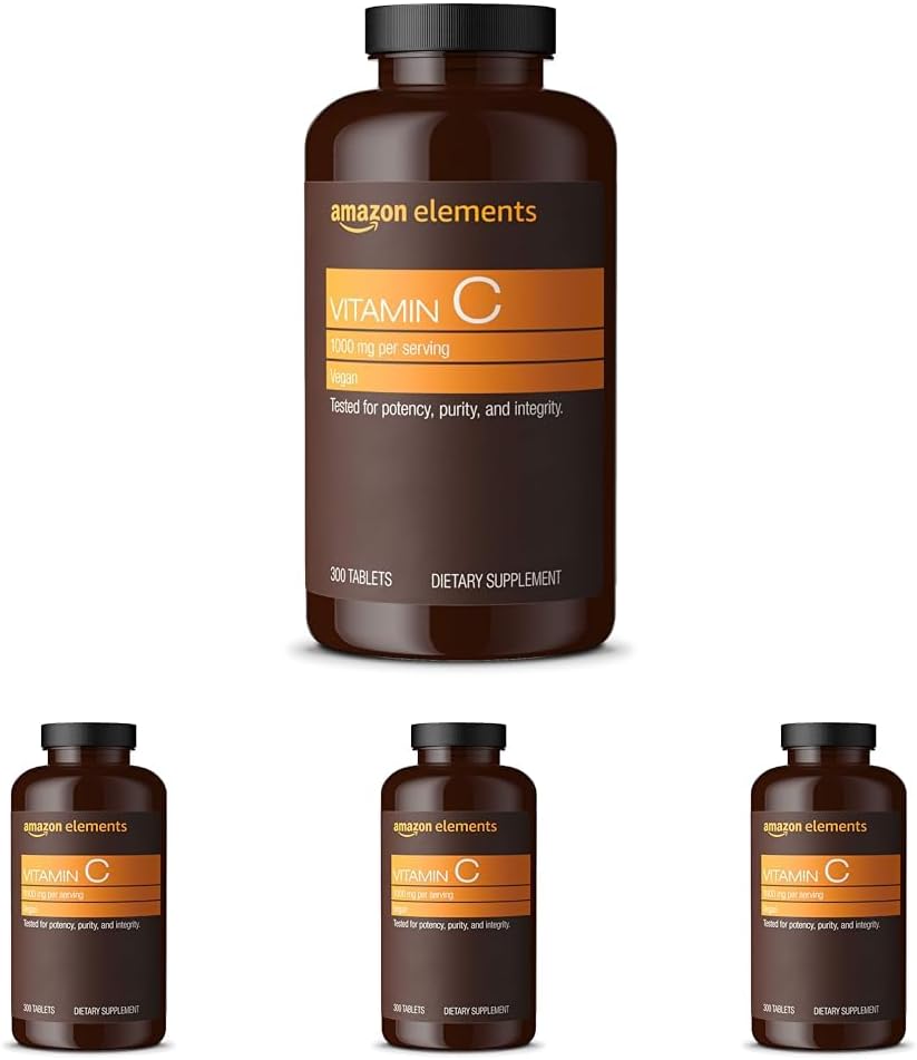 Elements Vitamin C 1000mg, stöder hälsosam immunsystem, Vegan, 300 tabletter, 10 månaders leverans (Pack of 4)