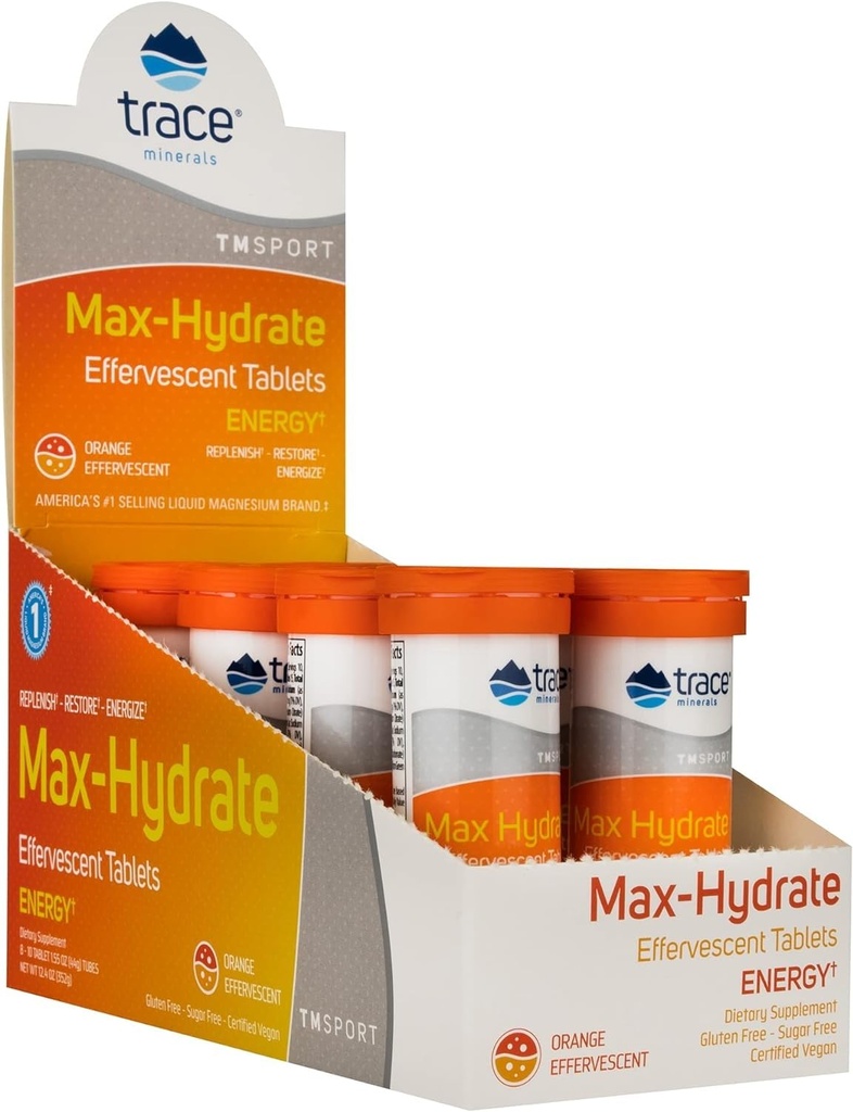 Trace Minerals Max-Hydrate Endurance - Daily Energy Support Supplement - Electrolyte Supplement to Aid Against Muscle Cramps - Supplement to Support Hydration - Orange, 10 Tabs (80 portioner)