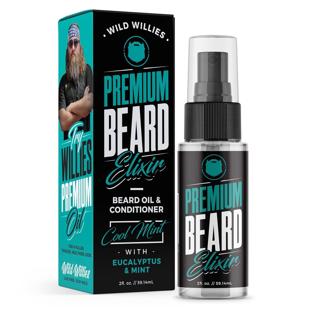 Wild Willies Premium Beard Oil & Conditioner Natural, organiska ingredienser främjar snabb skäggtillväxt, tar bort Itch & Dandruff - djup mjukare behandling återställer fukt - 2 Oz, Cool Mint Scent