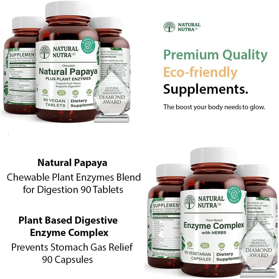 Natural Nutra Papaya Chewable Plant Enzymes Blend för Digestion 90 Chewable Vegan tabletter och växtbaserade Digestive Enzyme Komplex med örter 90 Vegan kapslar för Digestion, förhindrar mage.