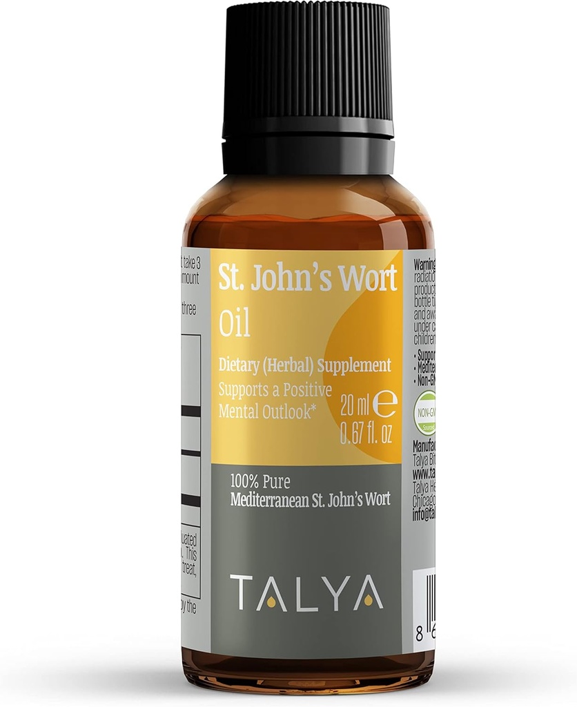 TALYA St John's Wort Oil 0.67 fl. oz | 100% ren och naturlig flytande droppe | Kosttillskott | för positivt humör och känslomässig balans | Body, hud och hårvård | Icke-GMO