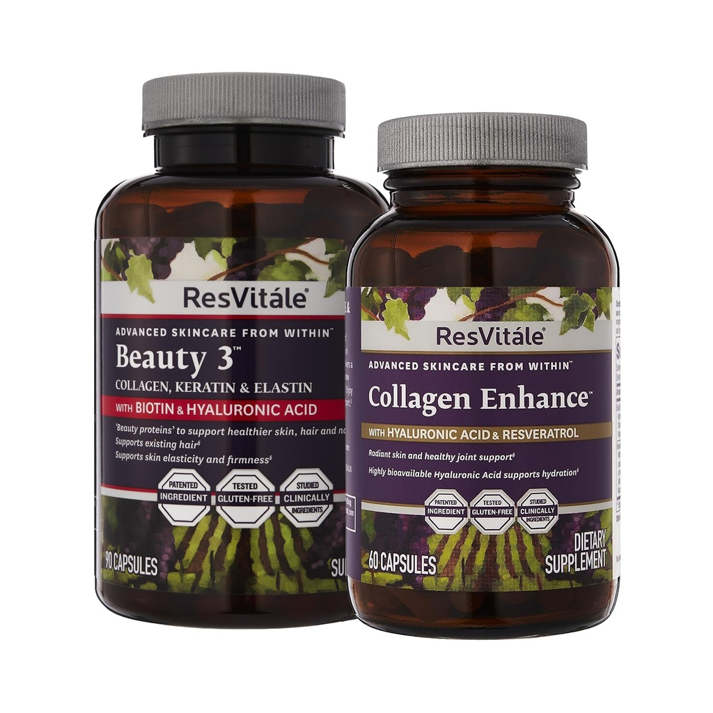 ResVitale Beauty 3 - Skin Care Supplement med Collagen, Keratin & Elastin - 90 Capsules & Collagen Enhance - Beauty Supplement med Hyaluronic Acid & Resveratrol - 60 kapslar