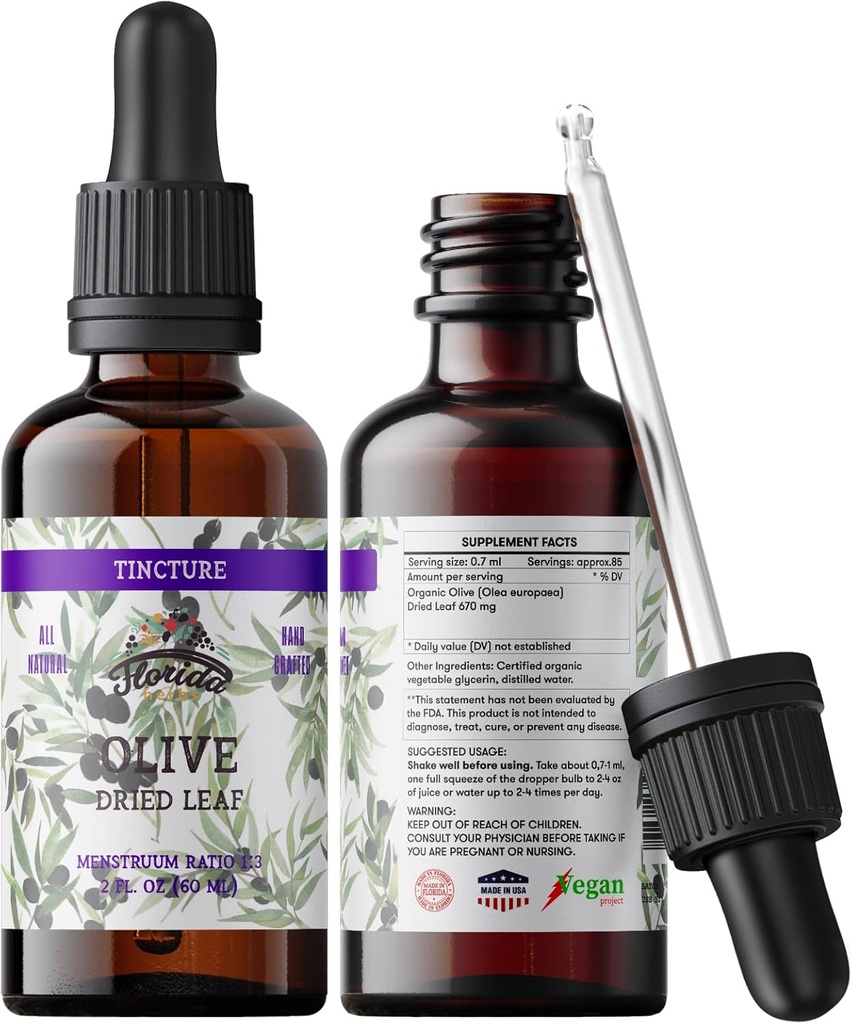 Organic Olive Leaf Tincture, Olive Extract Liquid (Olea Europaea) Torkade Leaf Herbal Supplement, Non-GMO i Cold-Pressed Organic Vegetable Glycerin, 700 mg, 2 uns (60 ml)