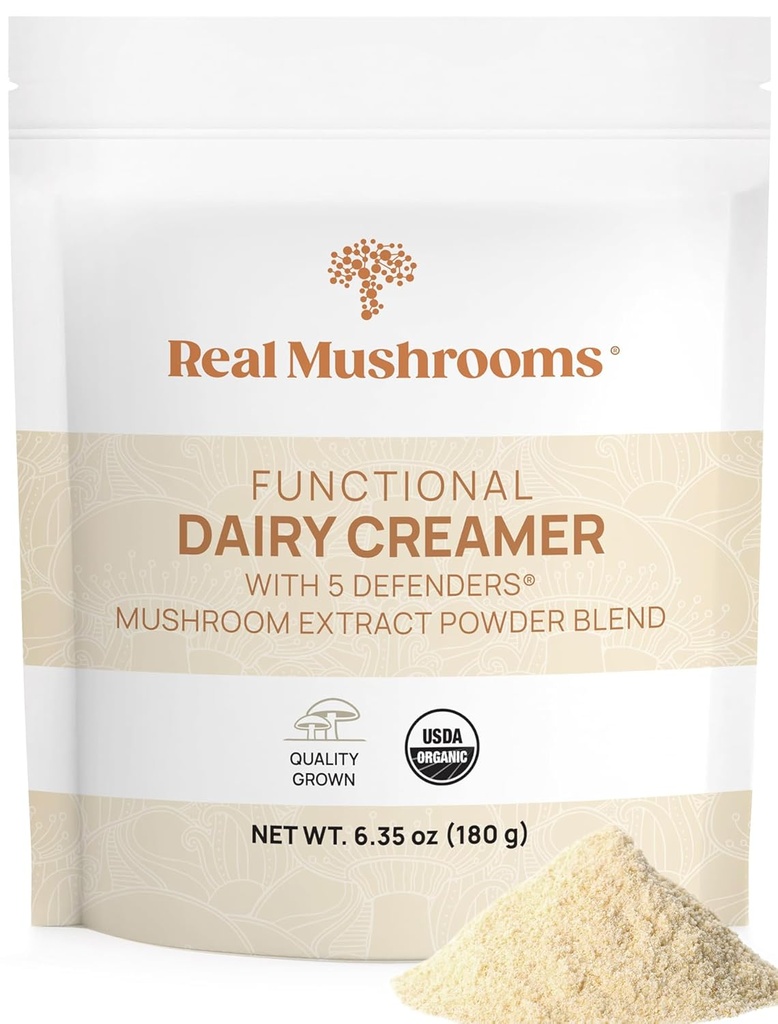 Real Mushrooms Functional Dairy Creamer med Mushroom Extracts - Sweetened med Organic Lucuma & Maple Powder - Functional Organic Cream - 90 Servings, Tea, Smoothie & Coffee Creamer Powder