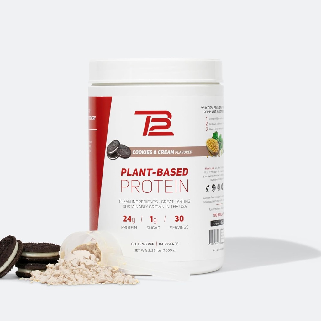 TB12 Plant Based Protein Powder by Tom Brady, 24g of Vegan Pea Protein, Low Sugar, Low Carb, Non-GMO, Meal Replacement, Keto Friendly, Paleo, Sugar Free, Cookies and Cream Flavor (30 Servings)