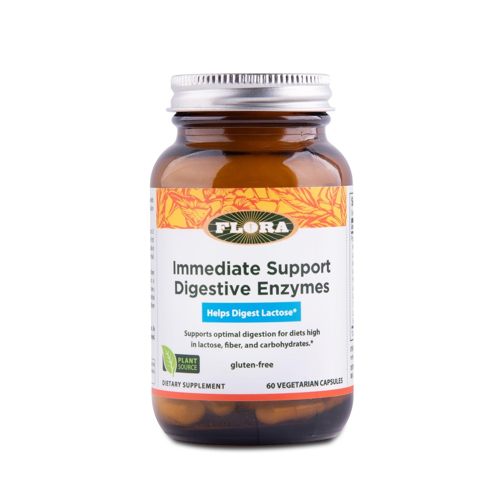 Flora - Immediate Support Digestive Enzymes - Stöder Laktos Digestion, Bloating, Heartburn & Gas - Innehåller 7 Enzymer - Glutenfri - 60 Vegetariska kapslar