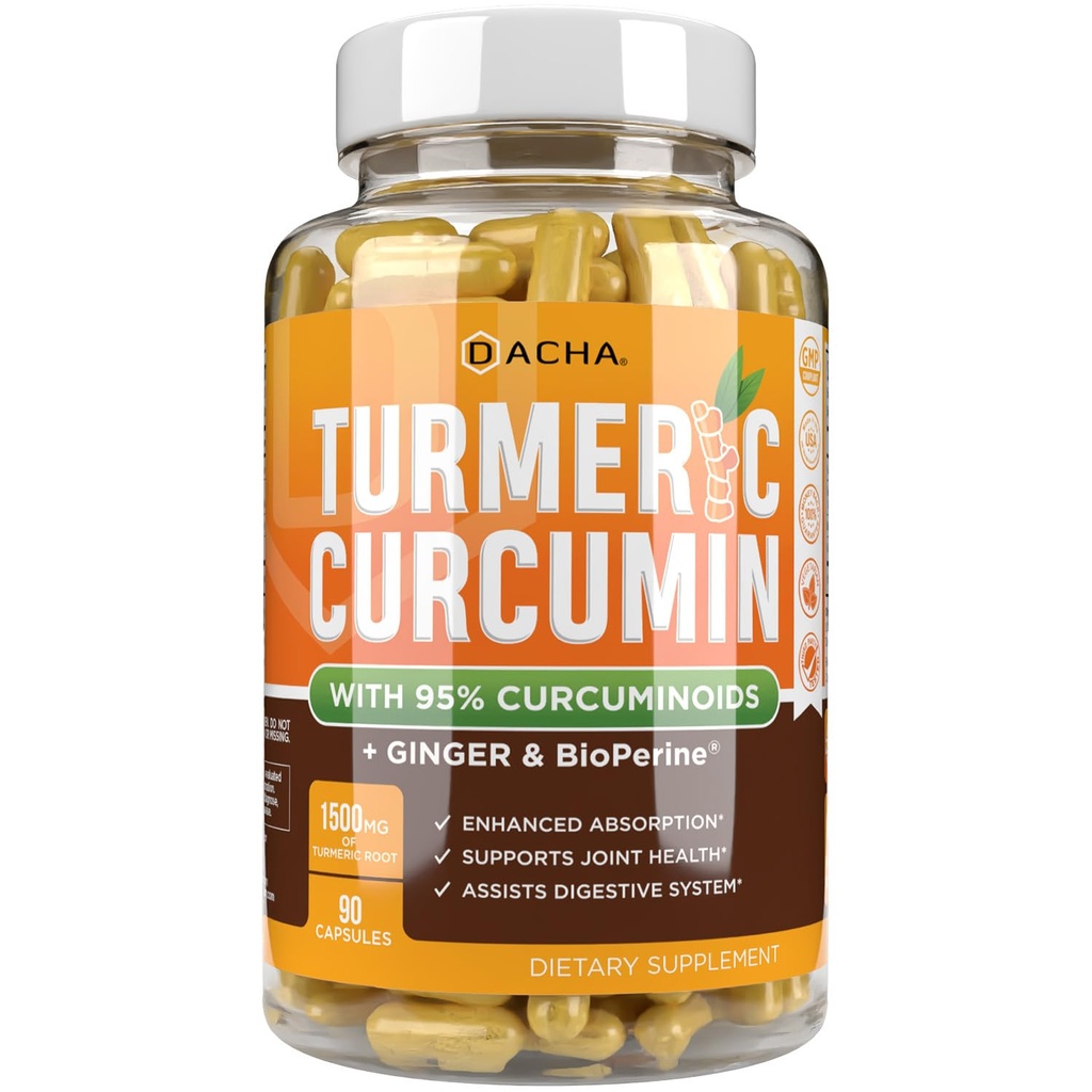 DACHA Tumeric Curcumin Supplement - 2250mg Joint Support Supplements Turmeric med Black Pepper Ginger 95% Curcuminoids Capsules