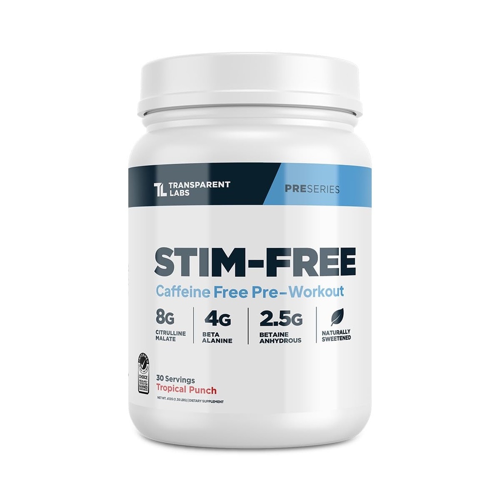 Transparent Labs Stim-Free Pre-Workout - Koffein & Stim Free Pre Workout Powder för män och kvinnor med Beta Alanine Powder, Citrulline Malate, & elaka - 30 portioner, Tropical Punch