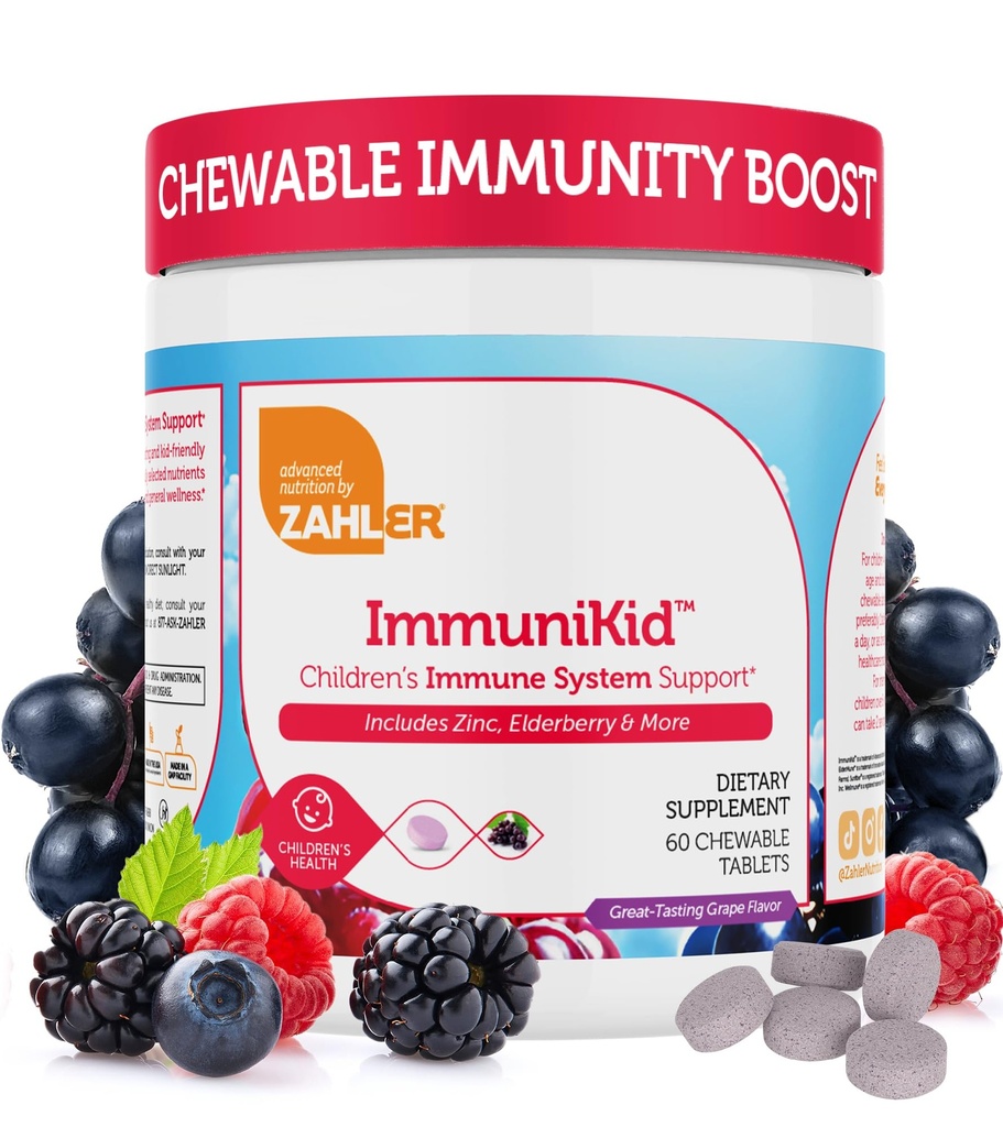 Zahler Kids Immune Support Supplement med Elderberry, Zink och Vitamin C D3 A - Grape smaksatta tabletter - Kosher för barnåldrar 4 och upp, 60 greve