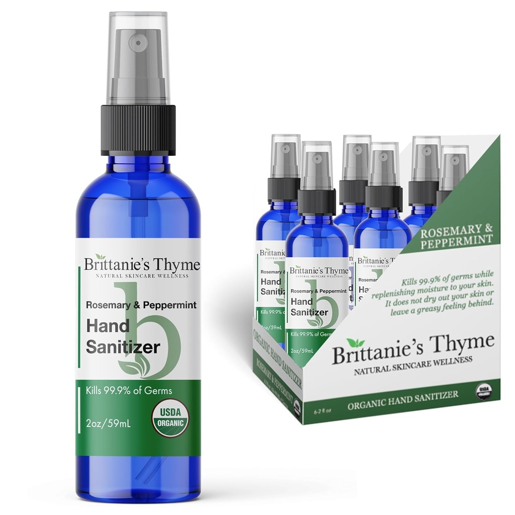 Brittanies Thyme Organic Travel Hand Sanitizer Spray, Rosemary & Peppermint 2oz 6 greve | Vitamin E Aloe Moisturizing | Non Greasy & Replenishes Moisture & Nourishes Skin