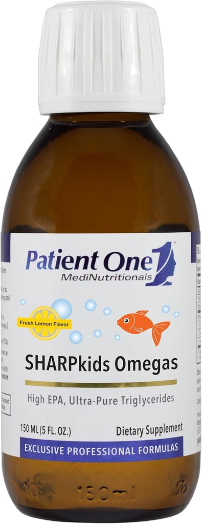 Patient One SHARPkids Omegas Liquid | Tillägg för att stödja hjärta, hjärna och gemensam hälsa * | High-Potency Omega-3 Fiskolja | Lemon Flavor | 5 fl oz