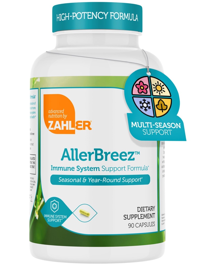 Zahler AllerBreez Immune System Support Formel med vitamin C, Quercetin, Vitamin B5, MSM & Sting Nettle - Seasonal & Year-Round Immune Support Supplement, Dhist Allergy Supplement (90 kapslar)