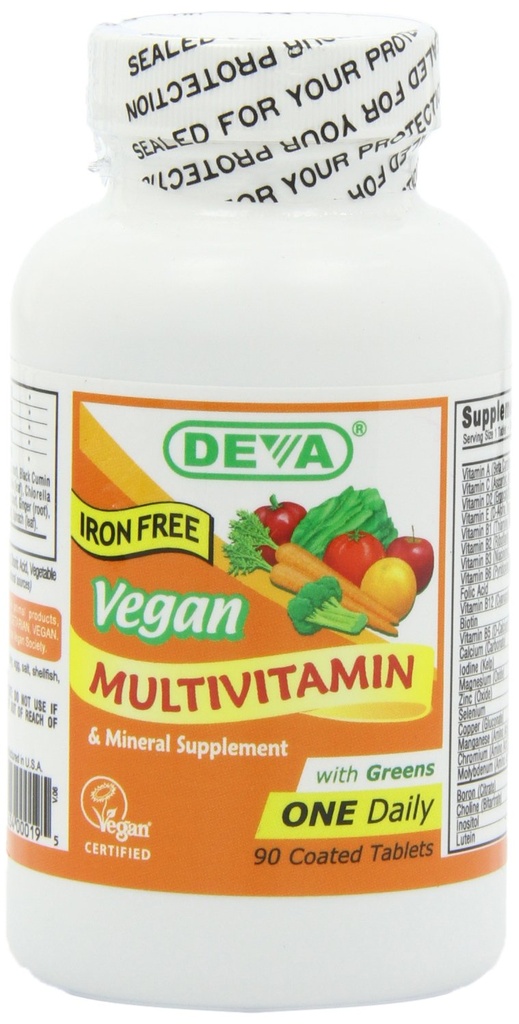DEVA Vegan Iron-Free Multivitamin & Mineral Supplement, Green Food Blend, Spirulina, Chlorella, Ashwagandha, Broccoli, 90 belagda tabletter