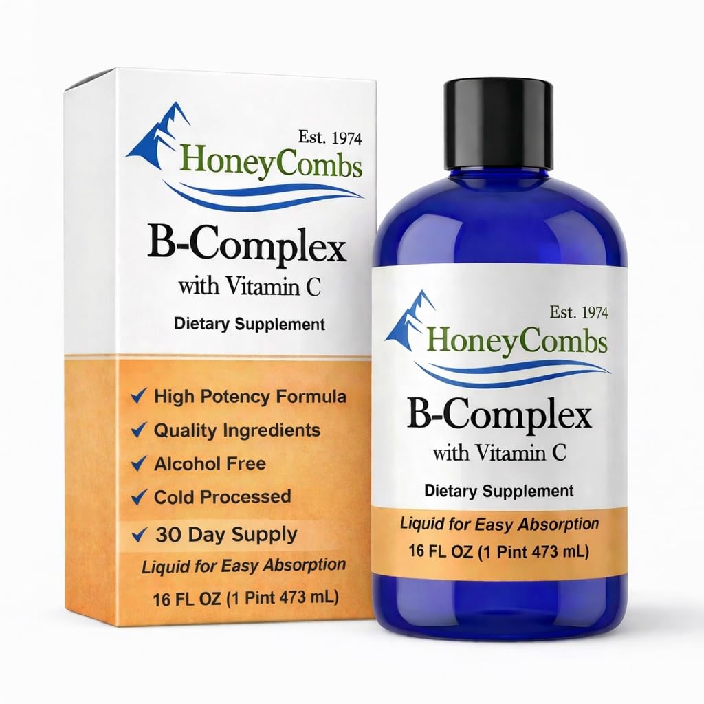 HoneyCombs Vitamin B Complex Drops - Liquid Supplement med vitamin B1, B2, B3, B5, B6, B7, B9, B12 & Vitamin C - Super B Complex Vitaminer - Alkoholfri Liquid Vitamin Supplement, 16 Fl Oz.