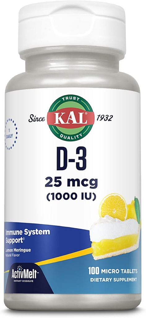 KAL Vitamin D-3 1000 IE | Natural Lemon Flavor ActivMelt Micro Tablets | Hälsosam immunfunktion och benstöd | 100ct