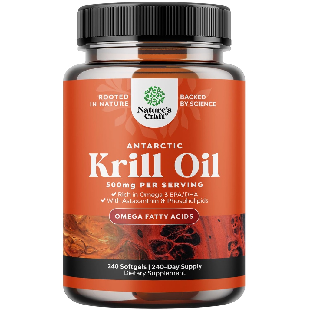 Antarctic Krill Oil 500mg Softgels - Omega 3 Krill Oil Supplement med EPA DHA & Astaxanthin för Brain Joint & Heart - 3rd Party Lab Tested No Gluten GMOs or Fishy Aftertaste (Upp till 8 månaders leverans)