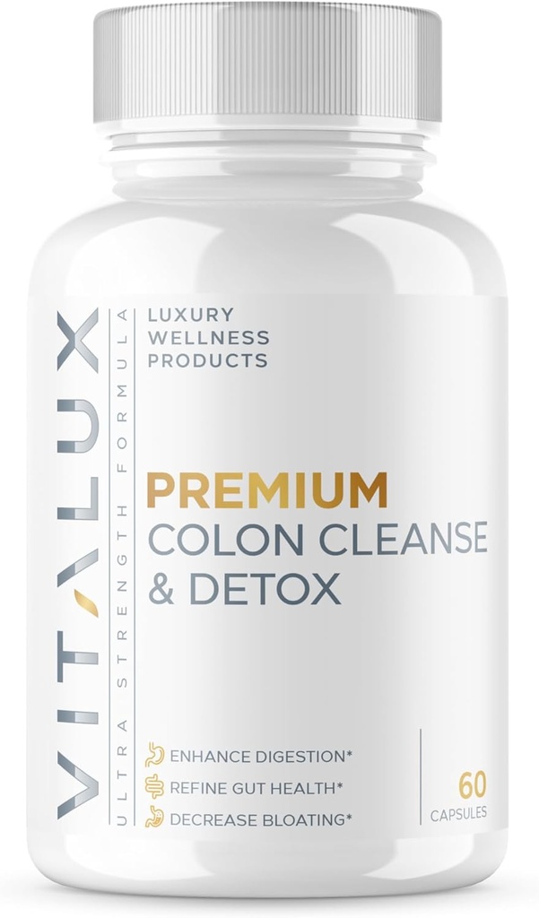 VITALUX || #1 Betygsatt Premium Colon Cleanse & Detox || Förbättring av matsmältningen, Gut Health, Minska uppblåsthet | Ultra Dosed Formel w / 10 Kraftfulla ingredienser | 3rd Party Tested + USA Made - 60 kapslar