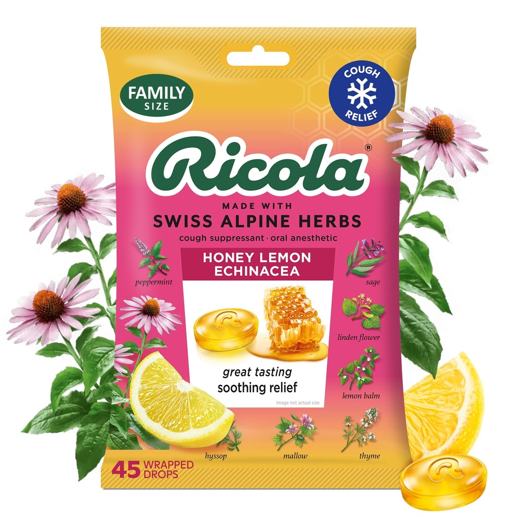 Ricola Honey Lemon med Echinacea Cough Drops, 45 Count, Delicious Throat Relief & Care, Oral Anesthetic, Naturligt smaksatt