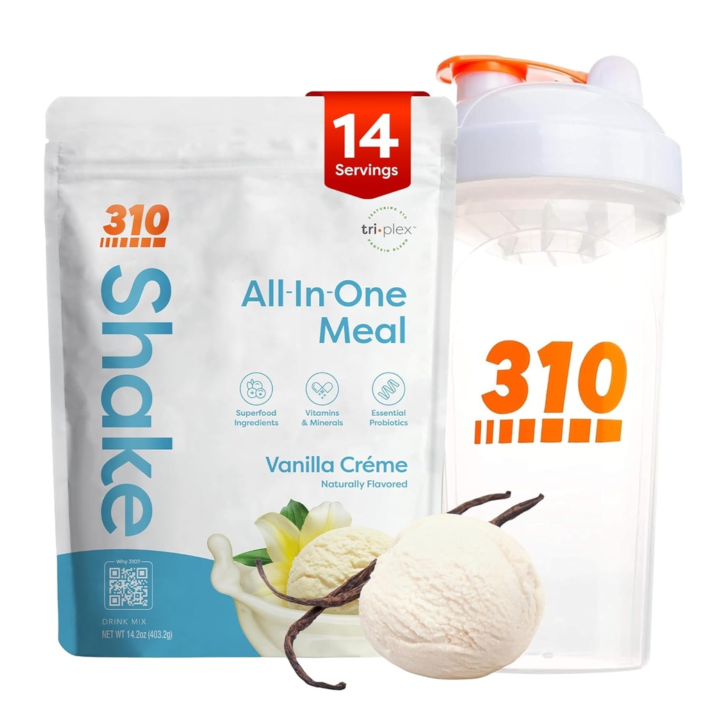 310 Nutrition All-in-One Meal Replacement Shake Powder w/Shaker Cup Starter Kit - High Protein Fiber Rich Vegan Superfood Blend - Sugar-Free, Keto & Paleo Friendly, Low Carb - Vanilla Creme 14 srv