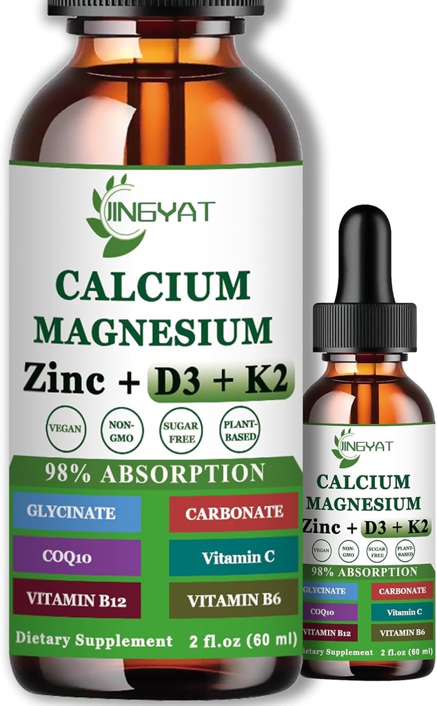 Calcium Magnesium Zink Liquid Drops, Liquid Magnesium Glycinate 500mg Calcium 1000mg med vitamin D3, K2,B6,B12,Coq10 för benstyrka, muskelfunktion, 6X starkare än Gummies kapslar