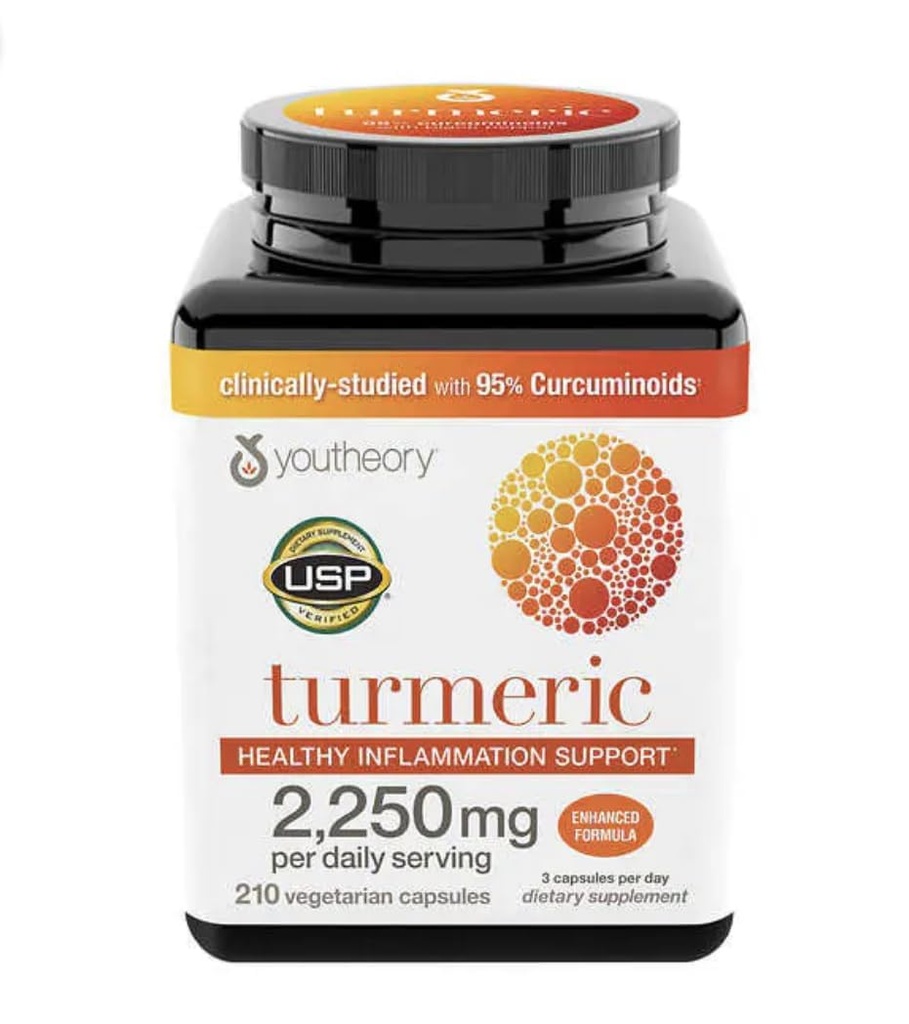 Youtheory Turmeric Curcumin Supplement med Black Pepper BioPerine, kraftfulla antioxidantegenskaper för gemensam och hälsosam inflammation Support 2250 MG 210 kapslar