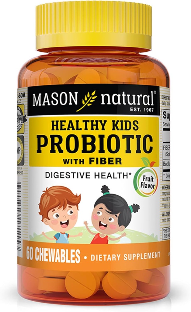 MASON NATURAL Healthy Kids Probiotic med fiber - Hälsosam matsmältningsfunktion, förbättrad tarmhälsa, 60 Chewables