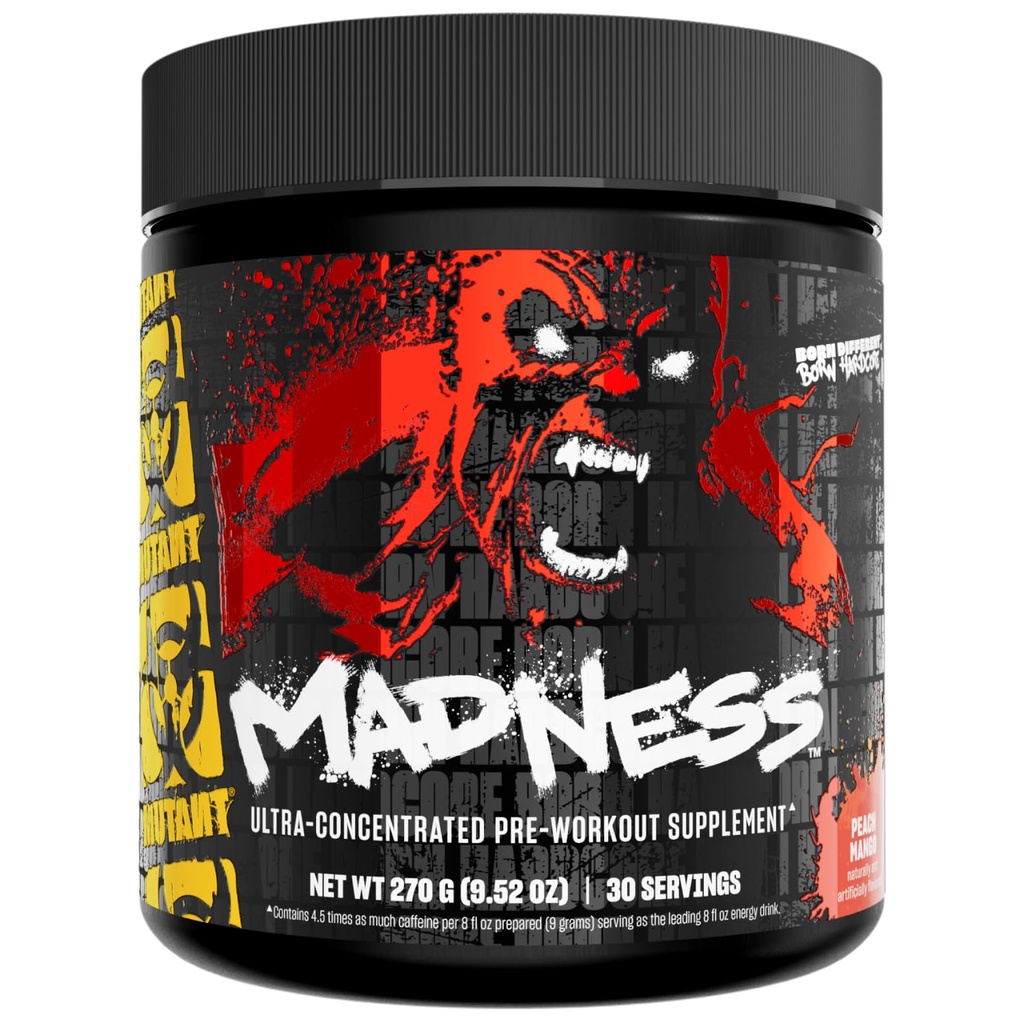 Mutant Madness | Pre Workout Powder Supplement Performance och Pump Blend innehåller L-Citrulline, Beta-Alanine, Taurine, L-Tyrosine | 30 Servering | Peach Mango