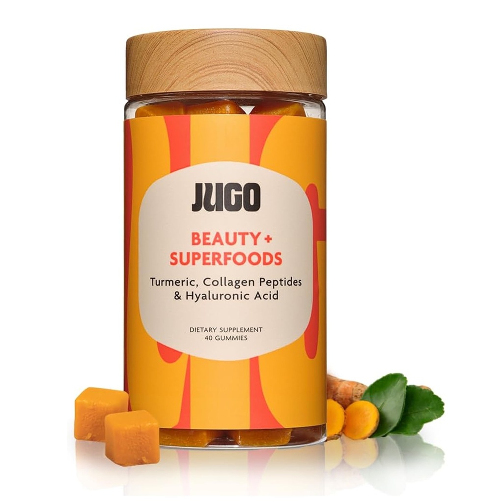 JUGO Beauty + SUPERFOODS | Hair Skin Nails Supplement med Hyaluronic Acid & Turmeric | 40 Count Plant-Based Gummies | Gelatin-Free, Non-GMO, Made in USA
