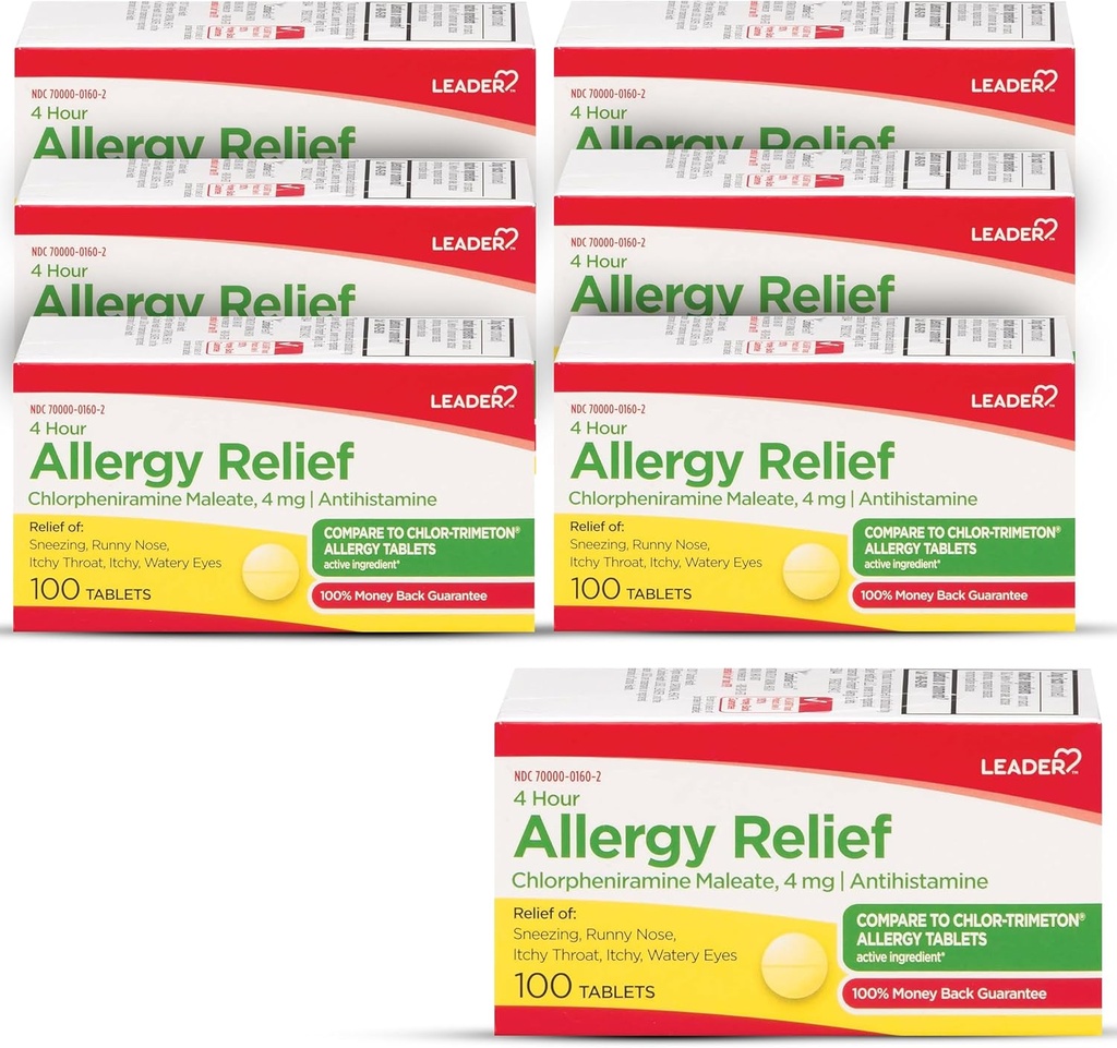 Leader 4 Hour Allergy Relief, Chlorpheniramine Maleate Tablets, Antihistamine, 4 mg, 100 greve (Pack of 6)