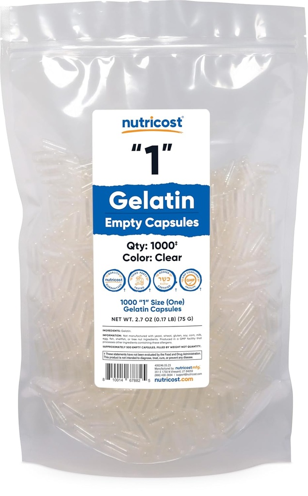 Nutricost Empty Capsules Gelatin Size 1-1000 Clear Empty "1" Gel Capsules - Kosher, Non-GMO, Soy Free, Gluten Free