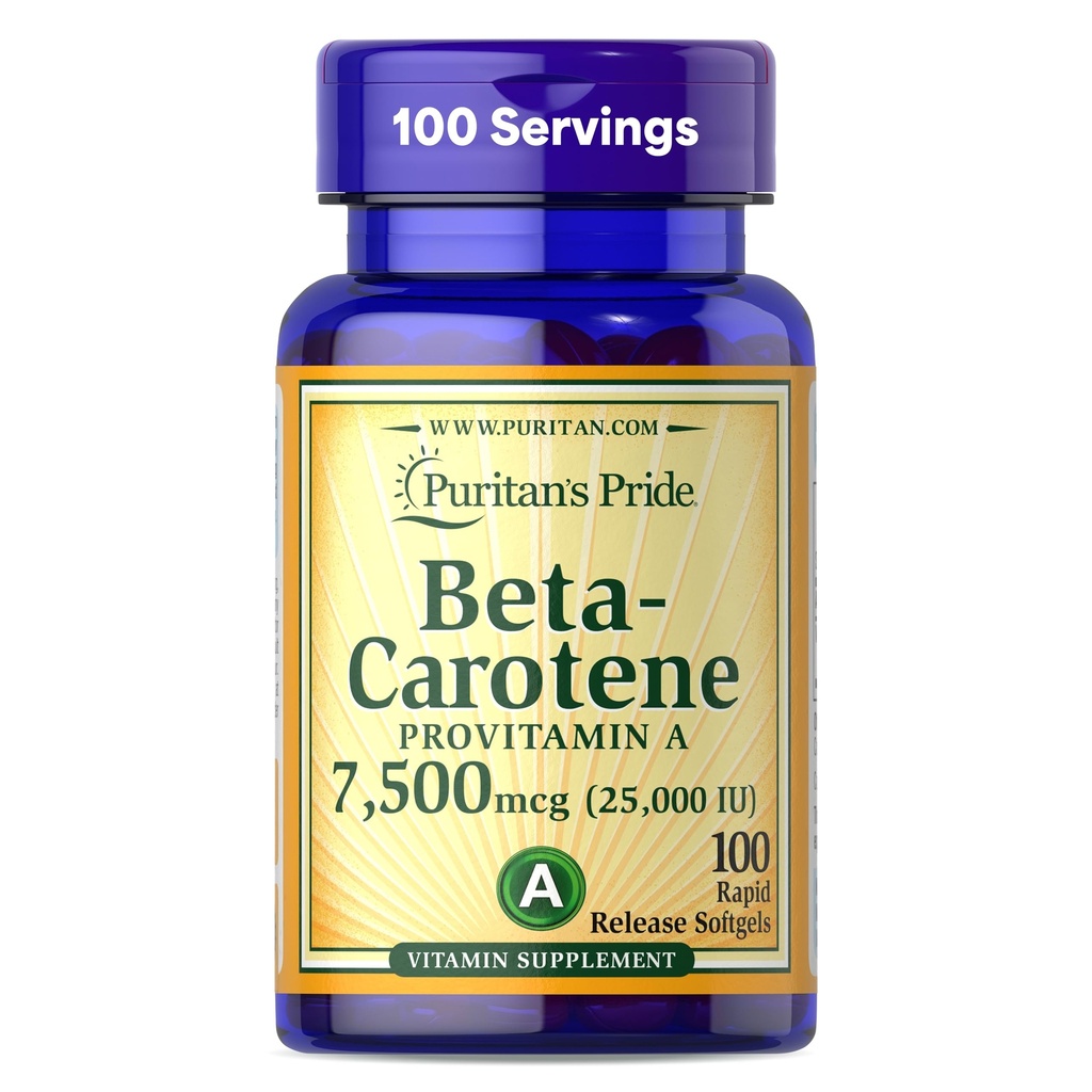 Puritans Pride Beta Carotene Provitamin A 7 500mcg (25,000 IE), Vitamin Supplement för Immune System, Antioxidant och Eye Health Support, 100 Day Supply, 100 Rapid Release Softgels