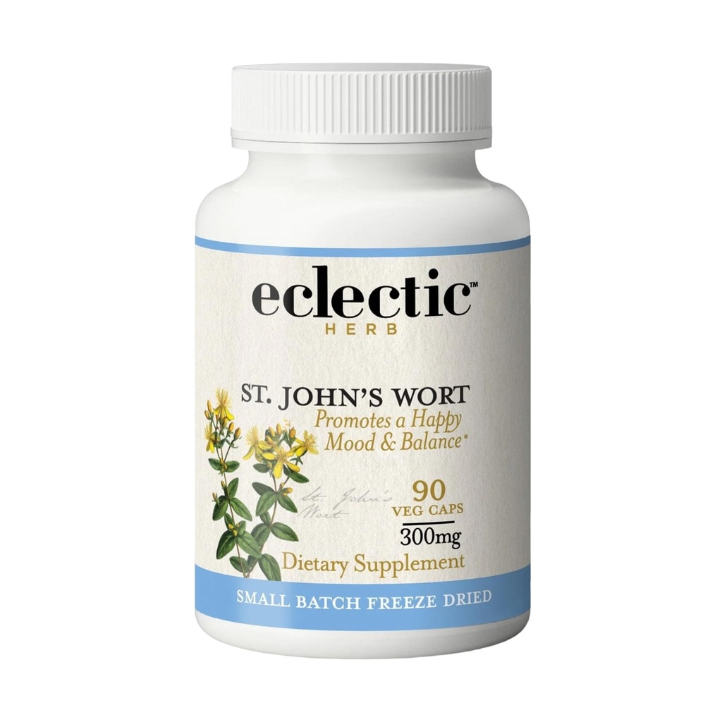 Eclectic Institute Raw Fresh Freeze-Dried Non-GMO St John's Wort | Herbal Health Supplement, främjar ett positivt humör | 90 CT