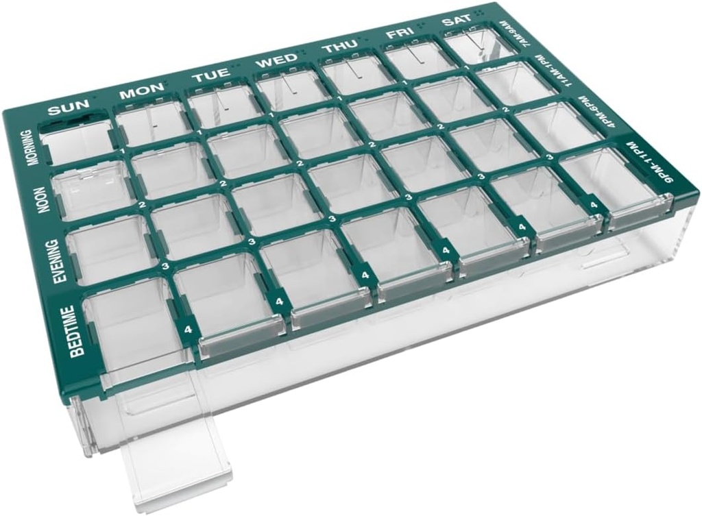 EZY DOSE Pill Organizer Weekly (7-Day), Medicin Planner, Vitamin Case/Box, Medium Compartments med Easy Fill Tray, 4 gånger om dagen, lätt att använda behållare, Clear Lids, Green, BPA Free